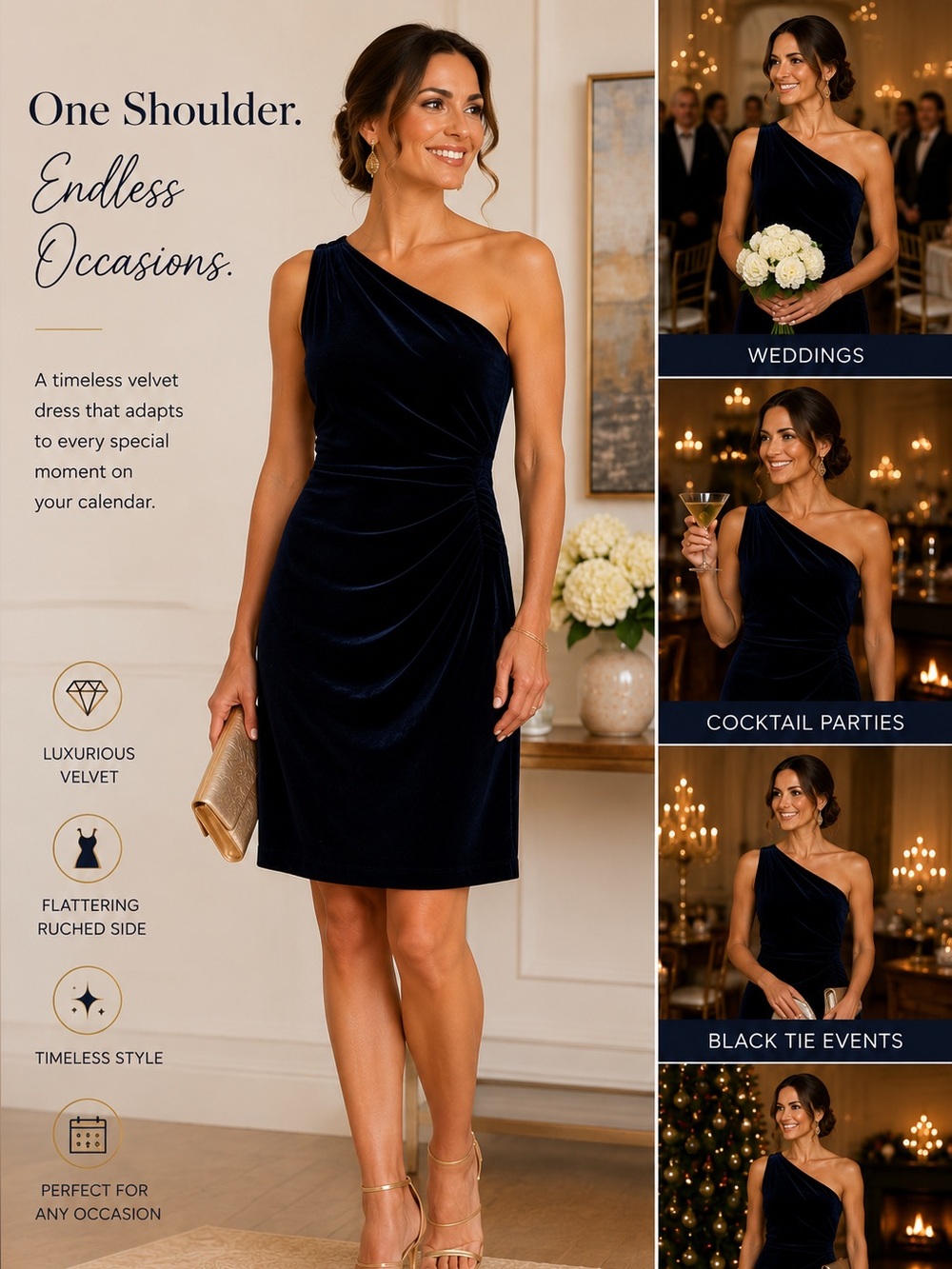 Lauren Ralph Lauren Cocktail Dress Navy Velvet One-Shoulder Size 8 Ruched